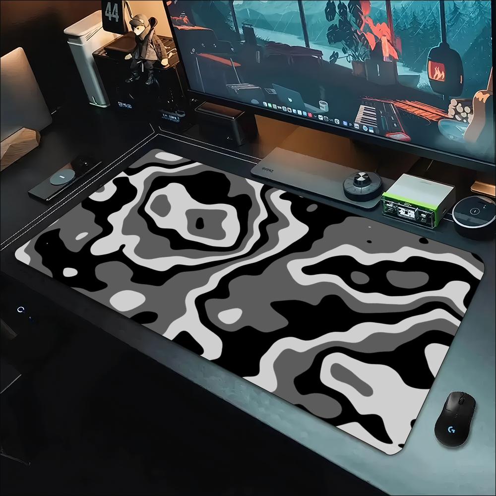 Desk Setup Gaming And Work - Desk Mat Grey White Topographic Swirl