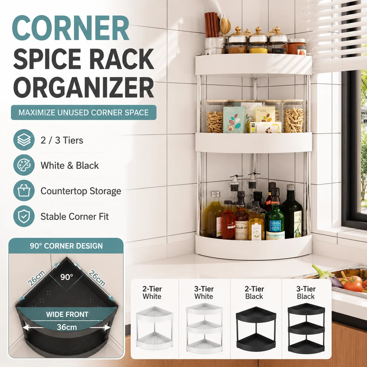Desk Setup Shelf - 2/3Tiers Kitchen Desktop Corner Spice Rack